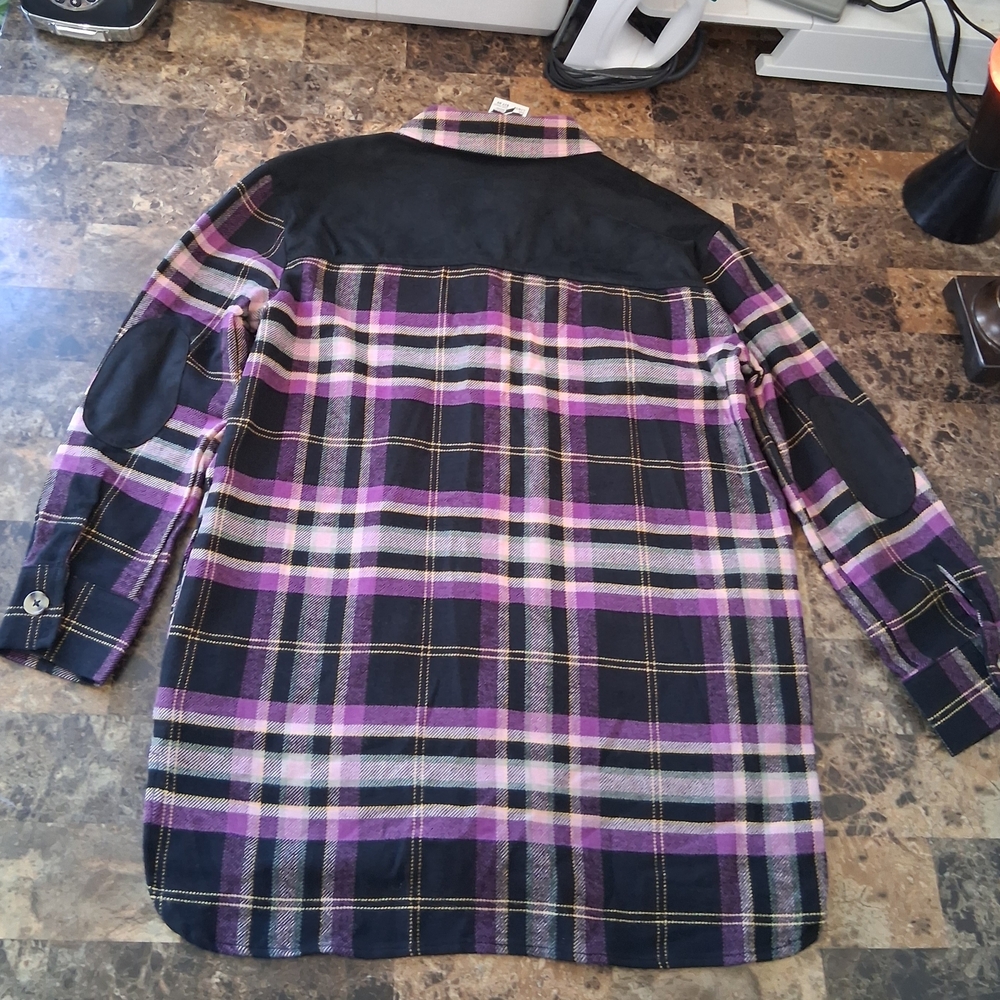 Cato Purple&Black Plaid Button Down Flanel With Front & Side Pockets 100% Cotton - Picture 9 of 15